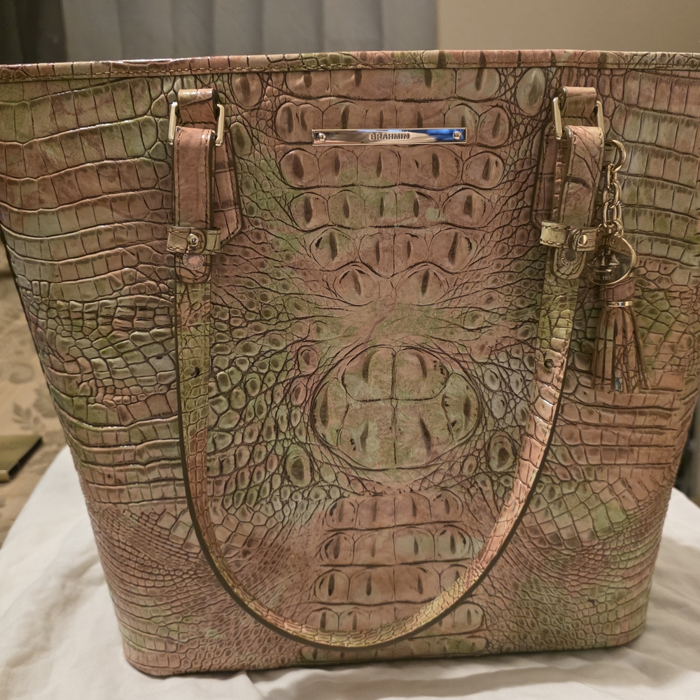 Brahmin Pink and Green Croc-Embossed Tote Bag